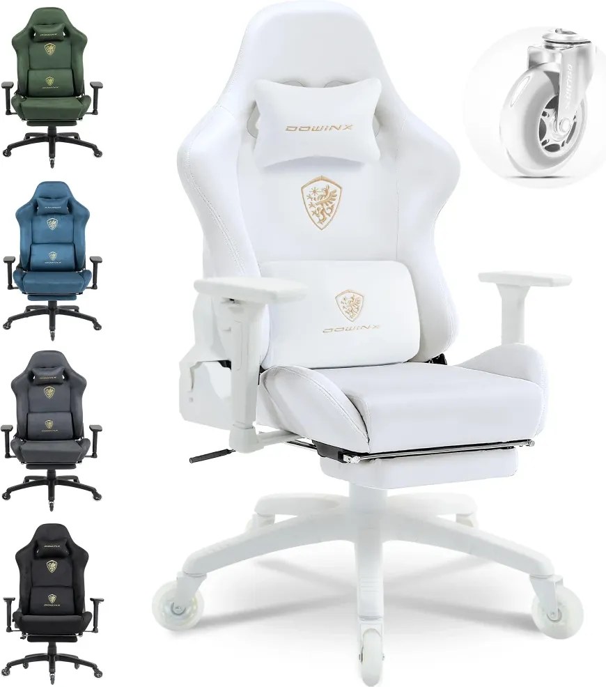 DOWINX 68A - Scaun Gaming Ergonomic, Extra-Lat și Construcție Heavy-Duty, Masaj in perna lombara, Material Textil respirabil, Suport picioare, Roti Silicon, Rezistent 150 kg, Alb