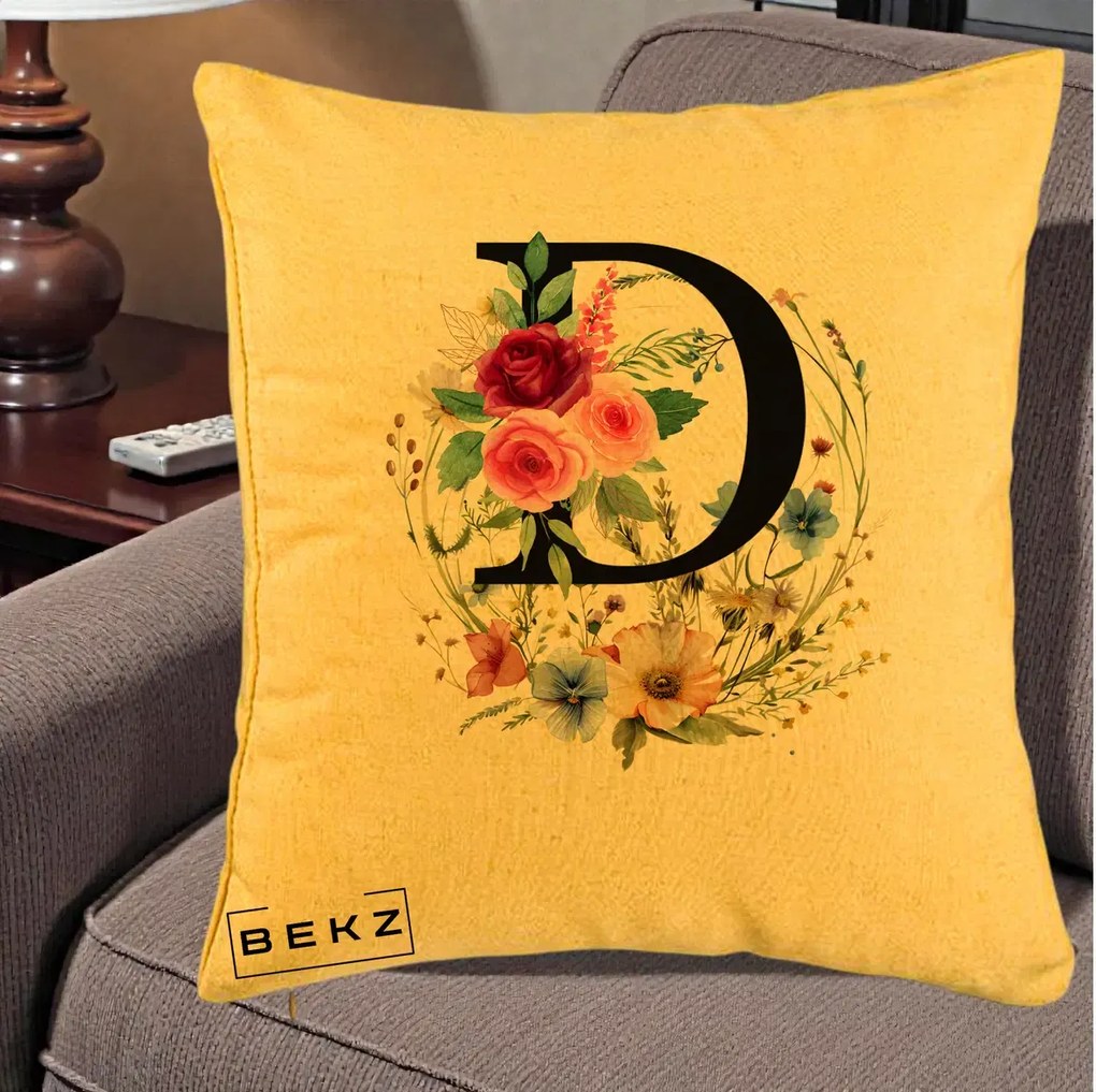 Cadou Personalizat - Perna Personalizata Monogram Litera D cu Flori Acuarela, 40x40 cm, Galben, Husa Detasabila, Perna Inclusa, BEKZ®