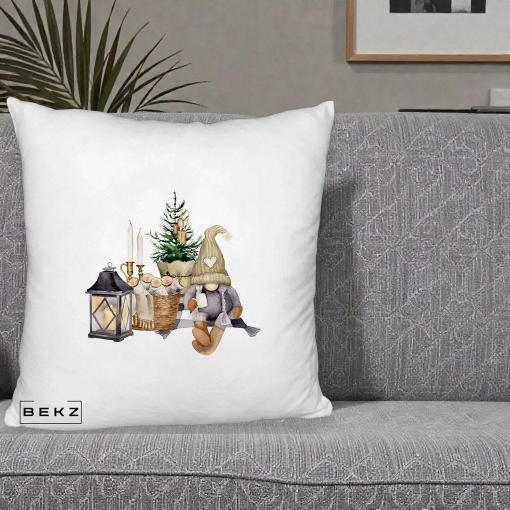 Perna Decorativa Gnom Scandinav cu Felinar, 40x40 cm, Alb Pufos, Husa Detasabila, Perna Inclusa, BEKZ®