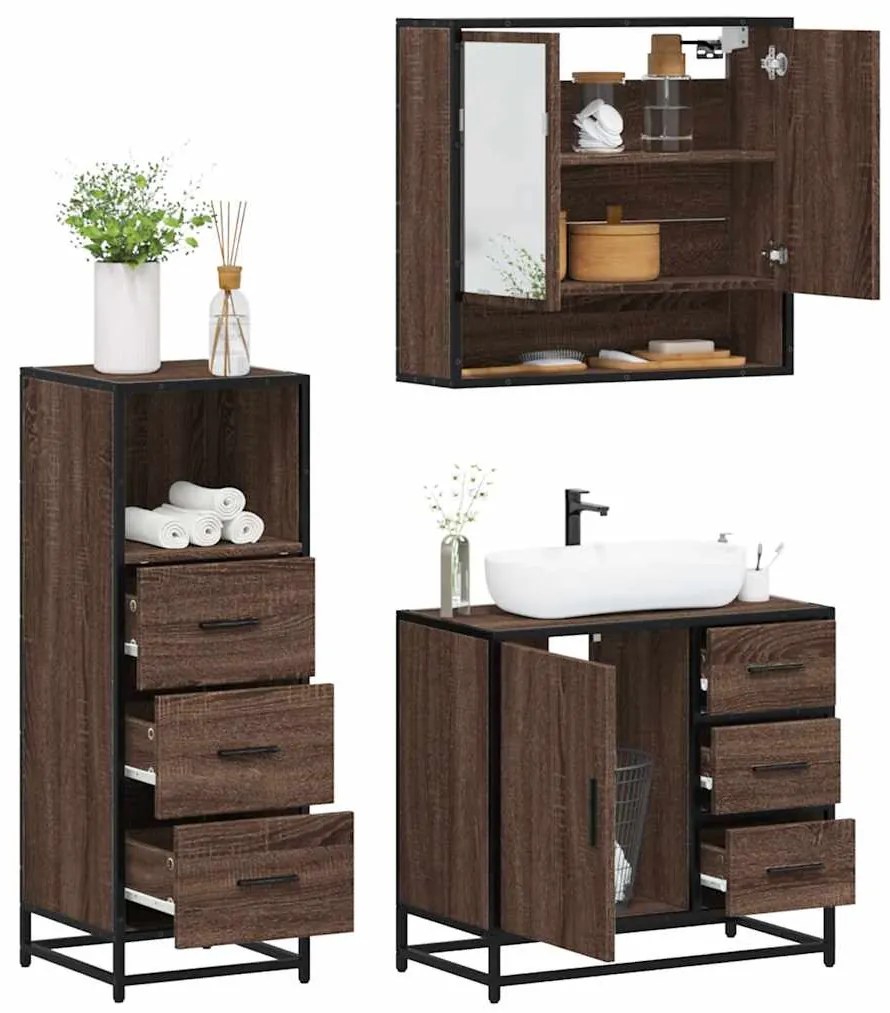 vidaXL Set mobilier de baie, 3 piese, stejar maro, lemn prelucrat