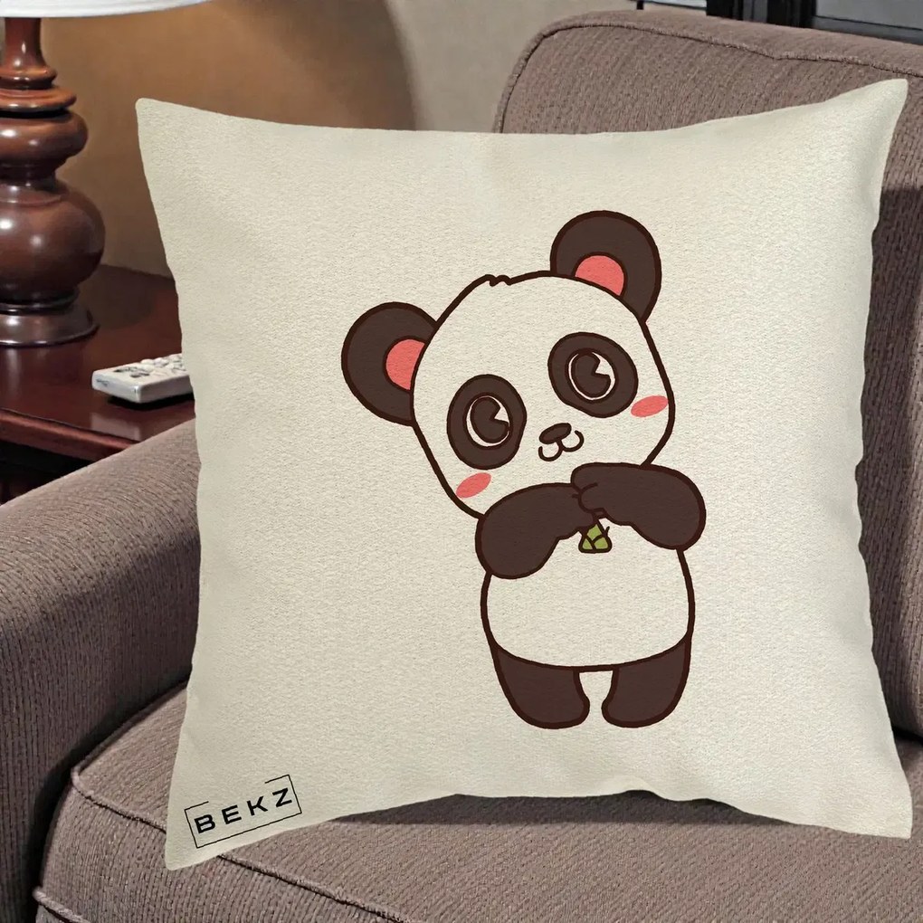 Perna Personalizata Panda Kawaii cu Bambus, 40x40 cm, Ecru, Husa Detasabila, Perna Inclusa, BEKZ®