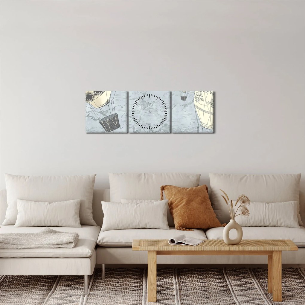 Tablou - Baloane deasupra orașului, nuanțe reci (cu ceas) (90x30 cm)