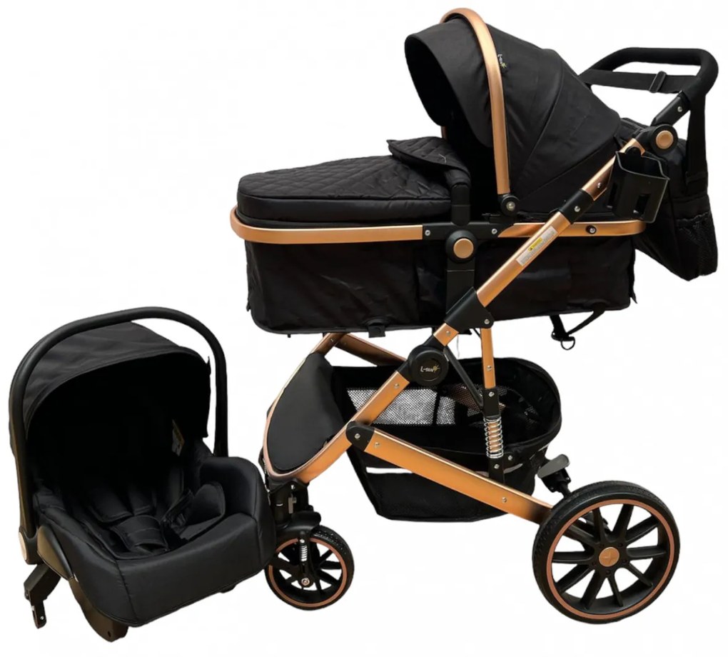 Carucior 3 in 1 cu scoica auto, transformabil, reversibil, cu roti cauciuc, 0-36 luni - CPC-37-negru