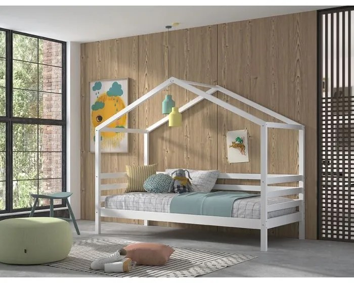Pat Căsuță cu Protecție, Alb, 90 x 200 cm, Pin Masiv – Dallas – Vipack