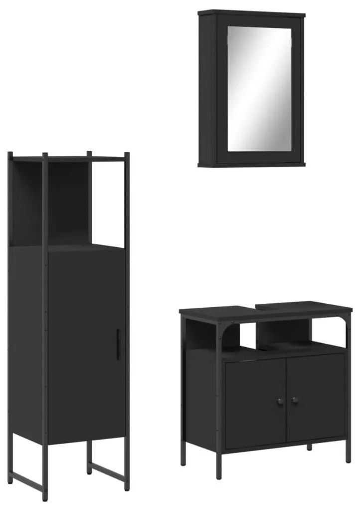 3214815 vidaXL Set mobilier de baie, 3 piese, negru, lemn compozit