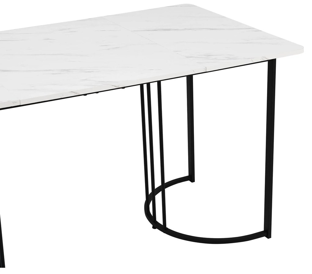 Masă de prânz modernă 140 x 80 cm, cu model de marmură, structură din metal, pentru sufragerie și living, Alb+Negru