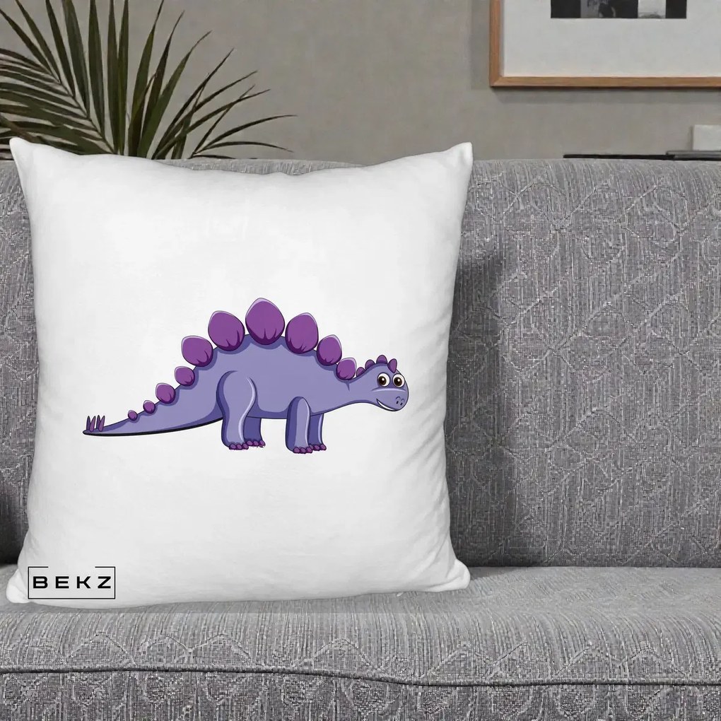 Perna Personalizata Stegozaur Mov, 40x40 cm, Alb Pufos, Husa Detasabila, Perna Inclusa, BEKZ®