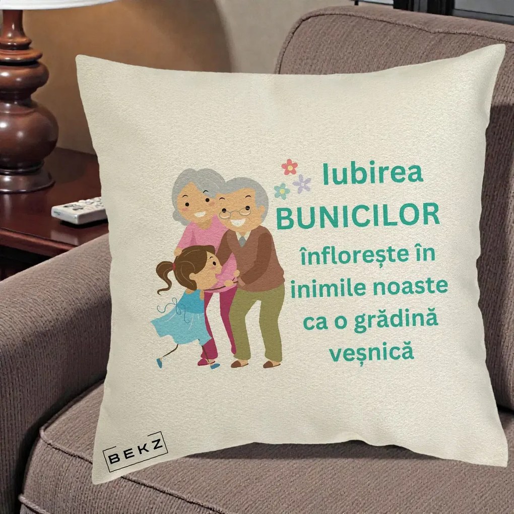 Cadou pentru Bunici - Perna Personalizata Bunicii Iubirea Infloreste cu Nepoata Teal, 40x40 cm, Ecru, Husa Detasabila, Perna Inclusa, BEKZ®