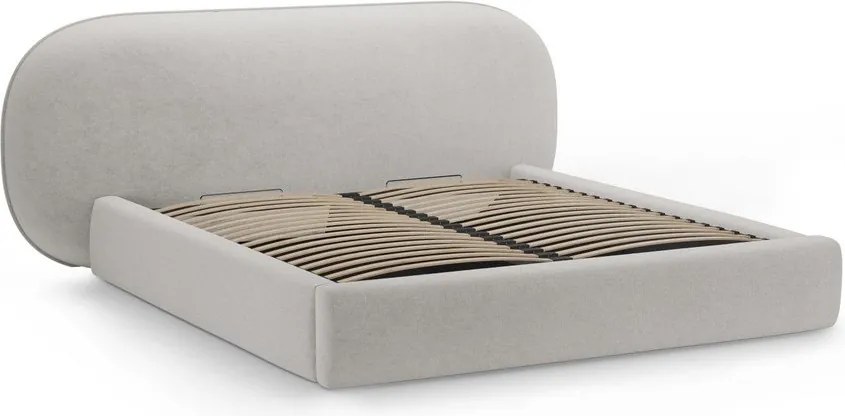 Pat matrimonial gri deschis tapițat cu spațiu de depozitare cu somieră 200x200 cm Ovalo – Micadoni