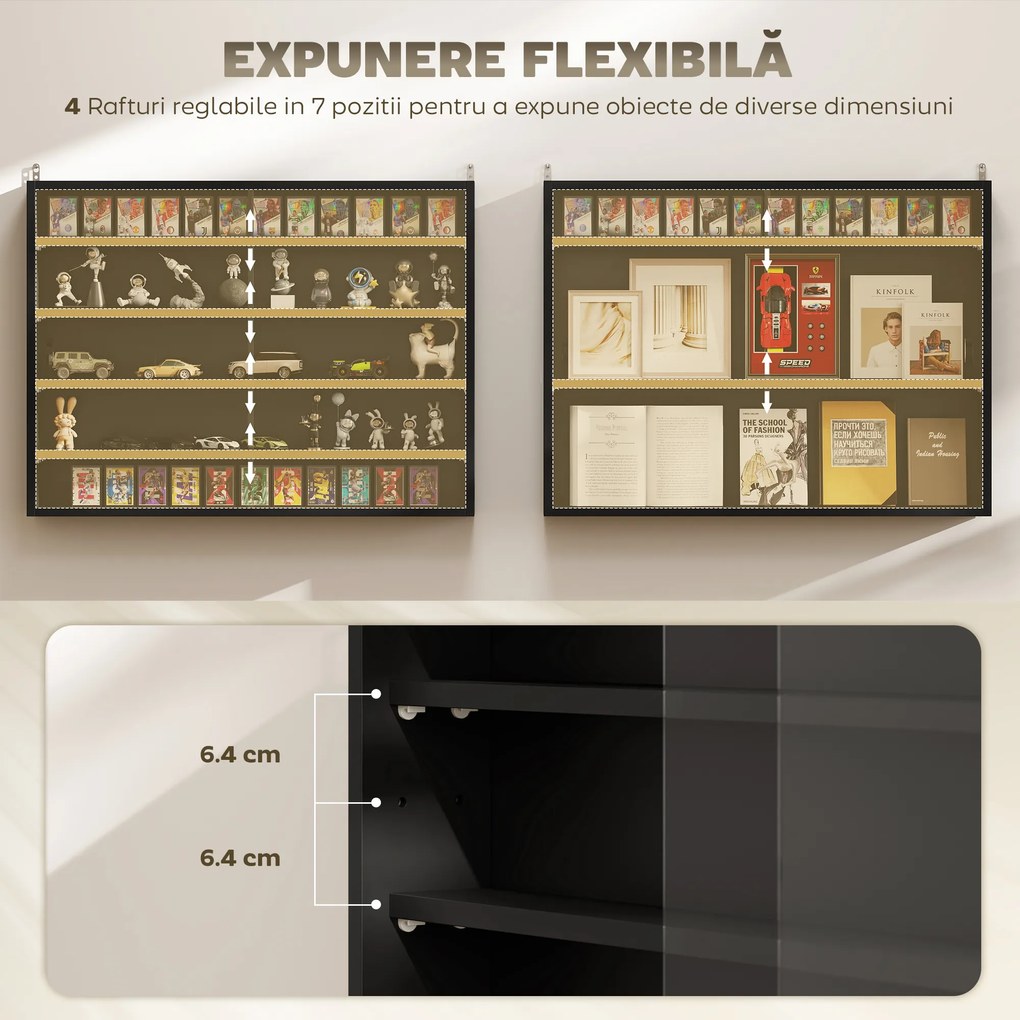 HOMCOM Dulap Tip Vitrină de Expoziție cu Rafturi Reglabile, Montată pe Perete, Negru | Aosom Romania