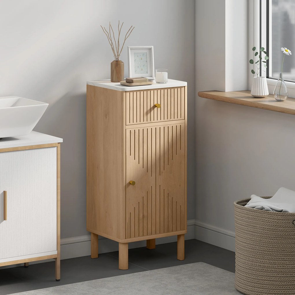 HOMCOM Mobilier de baie, corp de depozitare cu blat cu efect marmură și ușă canelată, sertar 36 x 30 x 80 cm, stejar | Aosom Romania
