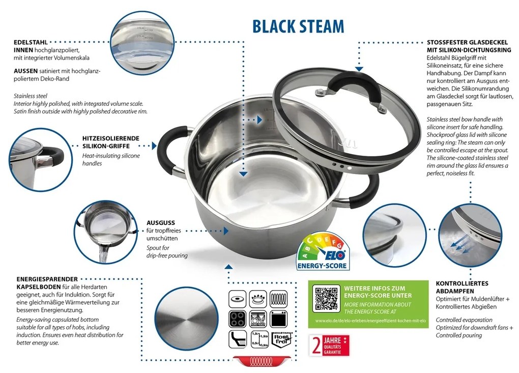 Elo 50904 Set de 4 oale de bază din oțelinoxidabil Black Steam