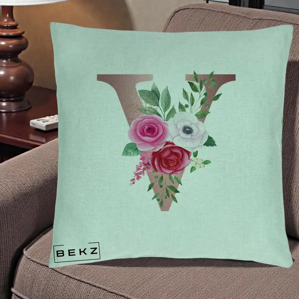 Cadou Personalizat - Perna Personalizata Monograma Rose Gold Litera V, 40x40 cm, Verde Menta, Husa Detasabila, Perna Inclusa, BEKZ®