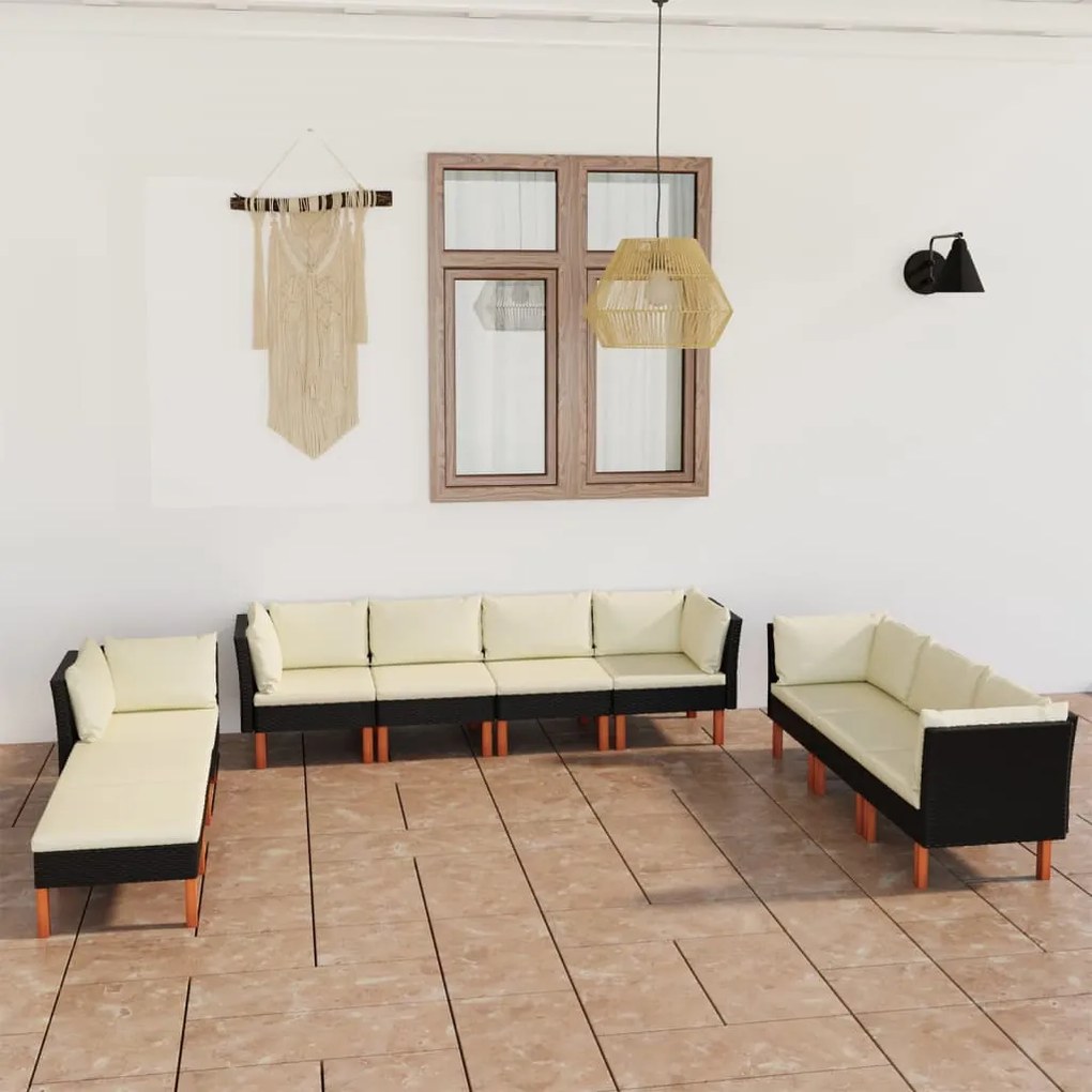 Set mobilier de gradina cu perne, 10 piese, negru, poliratan Negru, 5x colt + 3x mijloc + 2x suport pentru picioare, 10