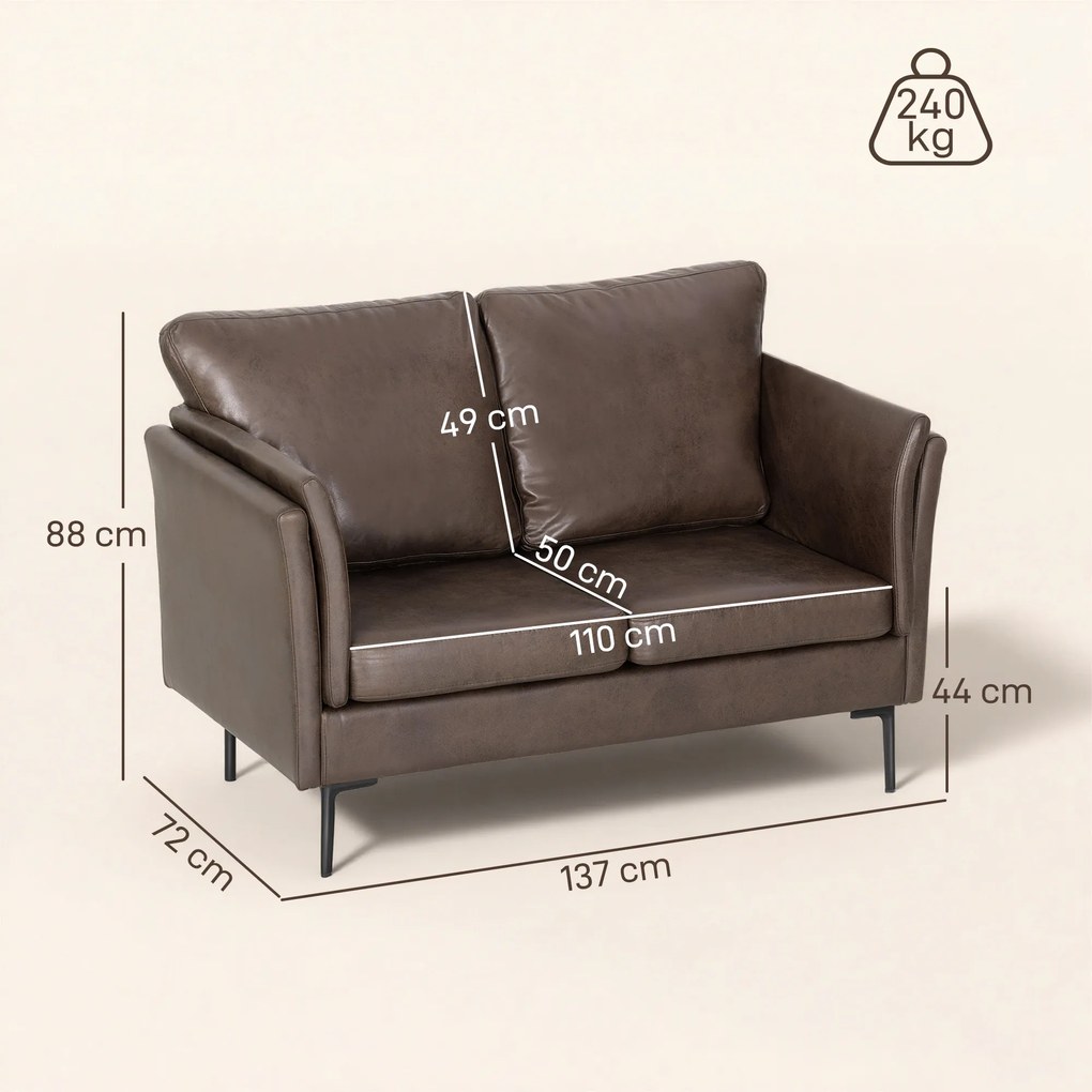 HOMCOM Canapea cu 2 Locuri Îmbunătățită în Țesătură cu Efect de Piele Respirabilă cu Brațe Înalte Curbe și Perne, Canapea Compactă Modernă pentru Sufragerie, Sală de Ședere și Studiu, 137x72x88 cm, Maro Închis | Aosom Romania