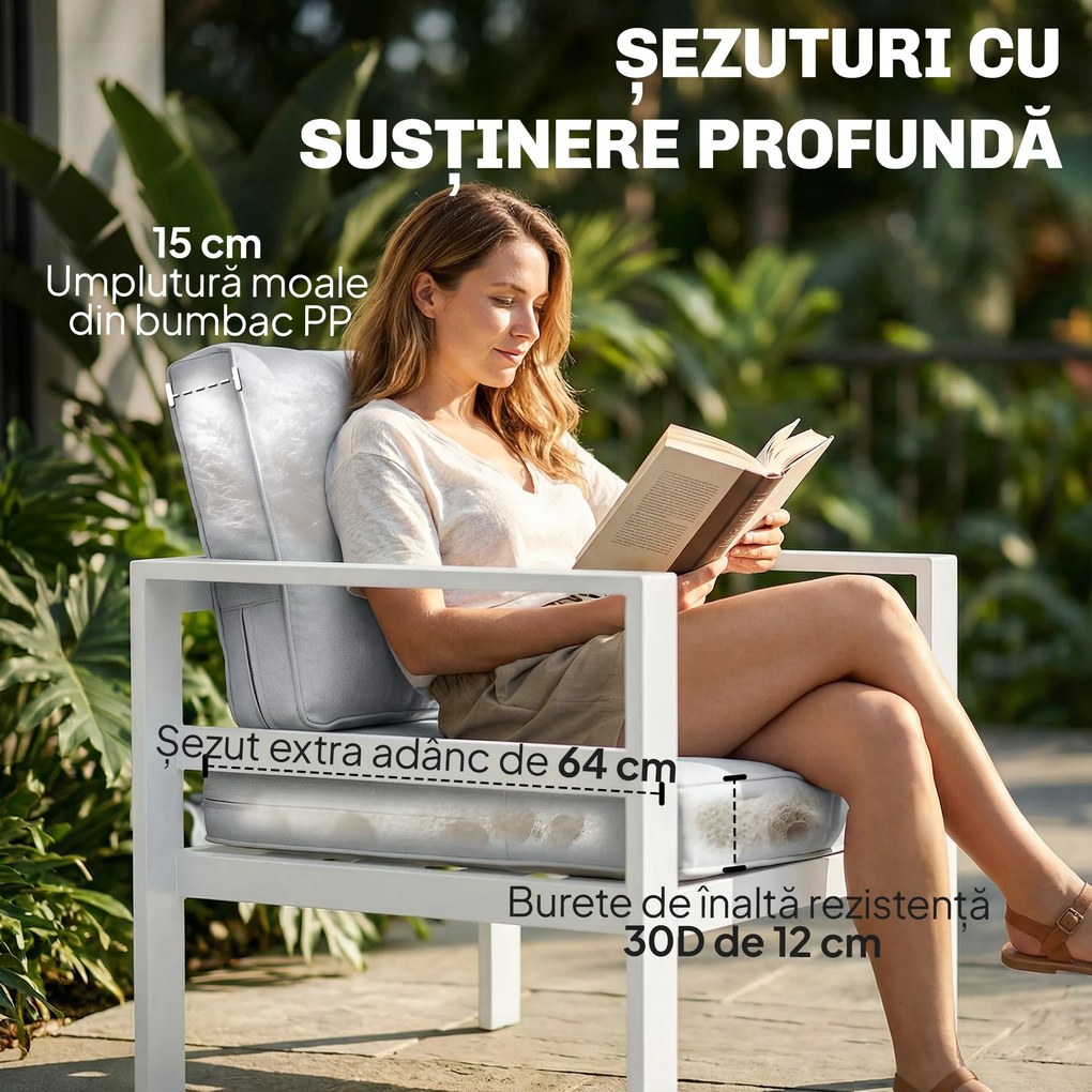 Outsunny Mobilier de Grădină din Aluminiu cu Canapea 3 Locuri, 2 Fotolii și Masă pentru Exterior, Alb | Aosom Romania