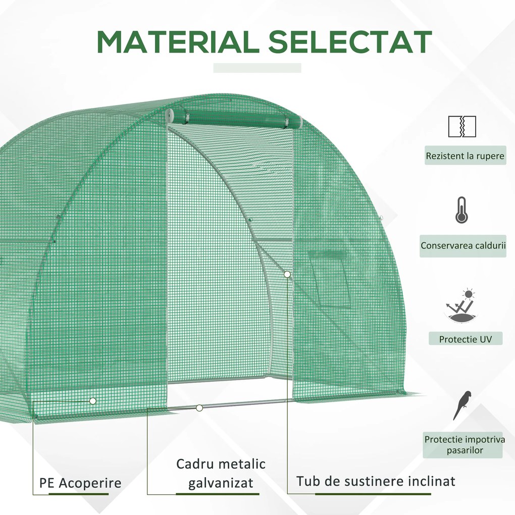 Outsunny Seră Tunel pentru Cultivarea Legumelor și Fructelor, cu Ușă și Ferestre, Copertină PE, Structură Oțel, 150x300x200 cm, Verde | Aosom Romania