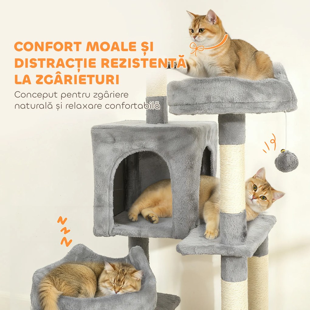 PawHut Arbore pentru Pisici cu Stinghie și Căsuță 48x48x192 cm Bej și Galben | Aosom Romania