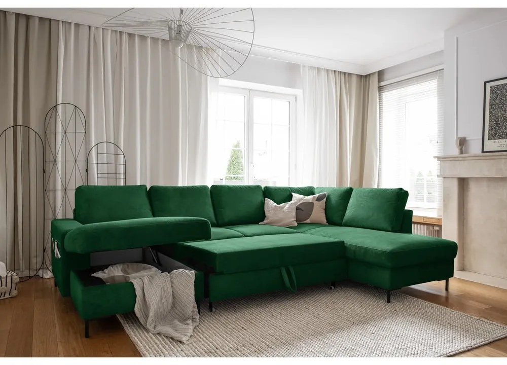 Colțar verde închis extensibil cu tapițerie din catifea reiată (cu colț pe partea dreaptă) Lofty Lilly – Miuform