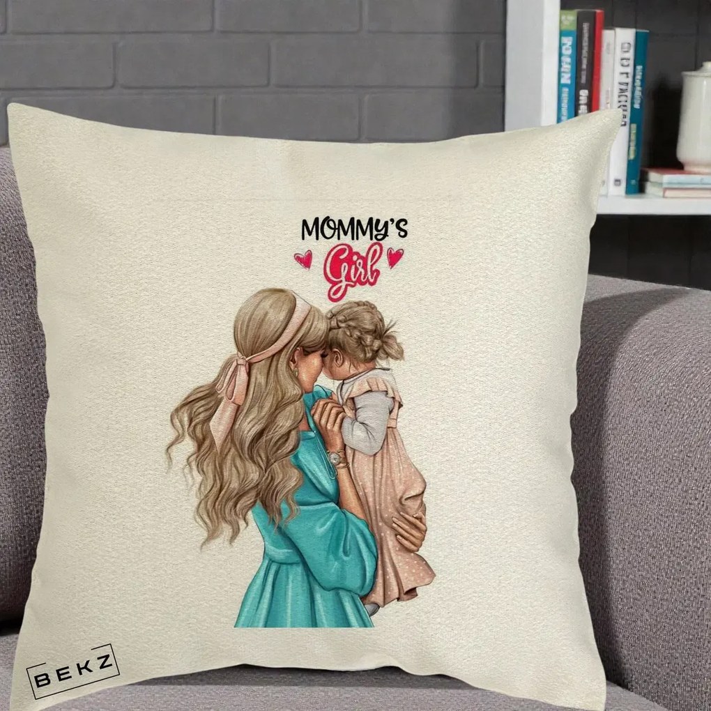 Cadou pentru Mama - Perna Personalizata Mommy's Girl Mama si Fetita, 40x40 cm, Ecru, Husa Detasabila, Perna Inclusa, BEKZ®