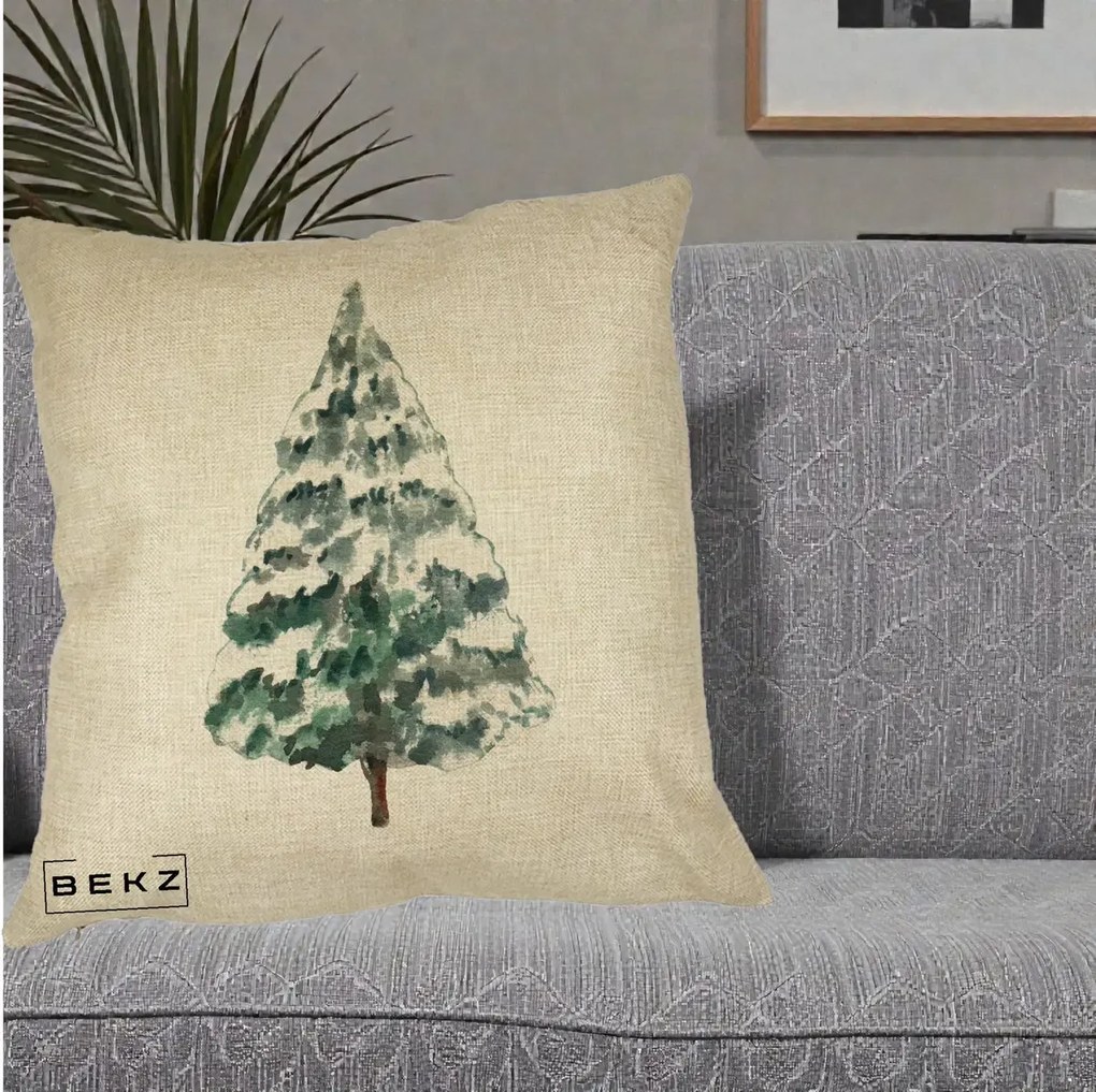 Perna Decorativa cu tematica de Craciun, Brad 2, 40x40 cm, Crem, Husa Detasabila, Perna Inclusa, BEKZ®