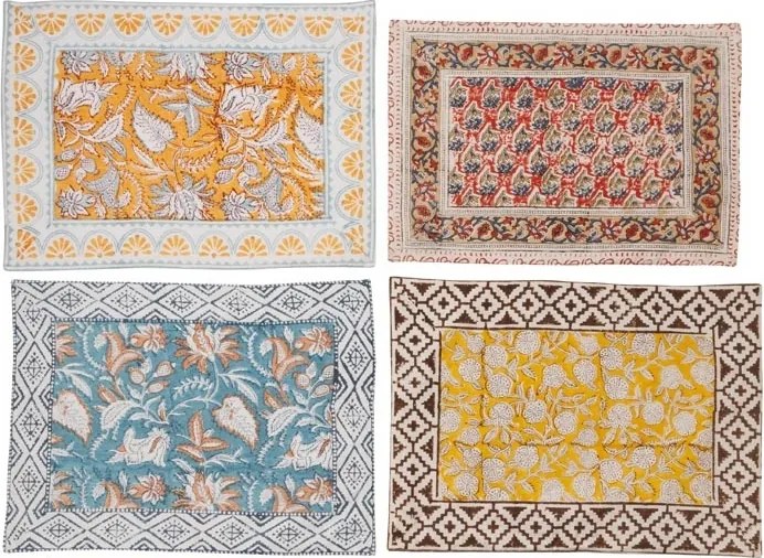 Set 4 protectii pentru masa, din bumbac, Blockprint