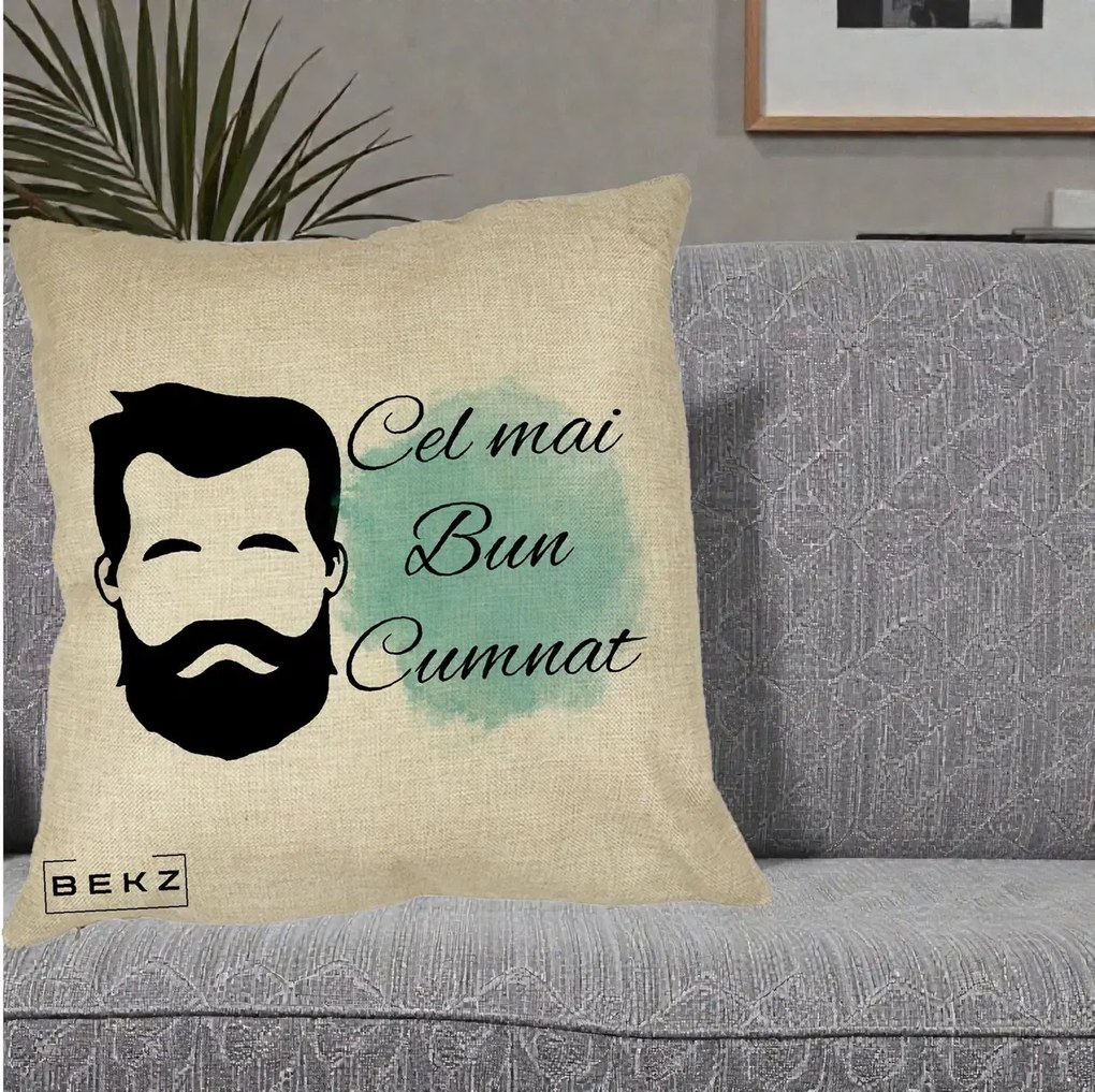 Cadou pentru Cumnat - Perna Personalizata Cel mai Bun Cumnat cu Portret Barbat si Pete Teal, 40x40 cm, Crem, Husa Detasabila, Perna Inclusa, BEKZ®