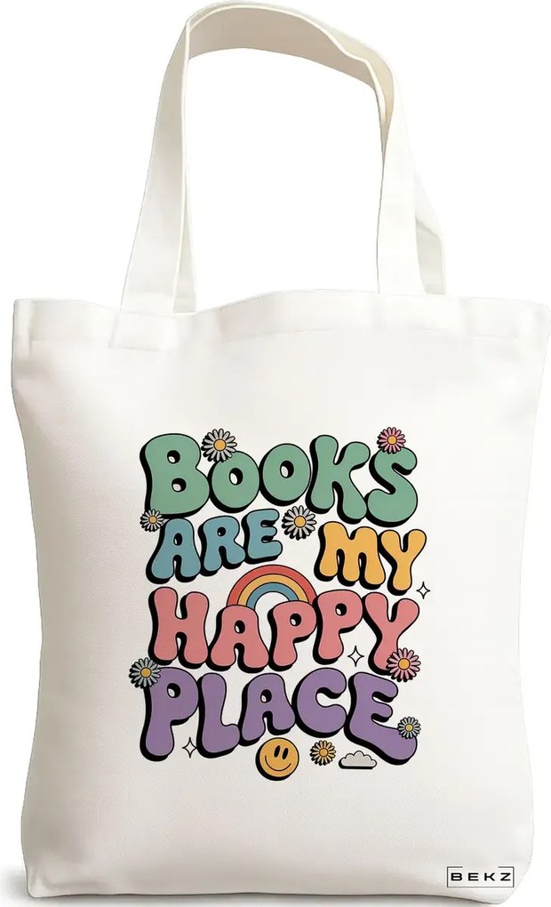Sacosa de Panza pentru Cumparaturi, Geanta Tote, model Books are my happy place 38 x 34.5 cm, Alba, BEKZ®