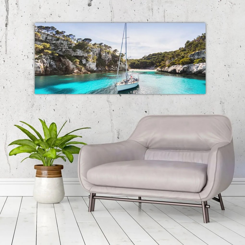 Tablou - Plajă cu barca cu pânze (120x50 cm)