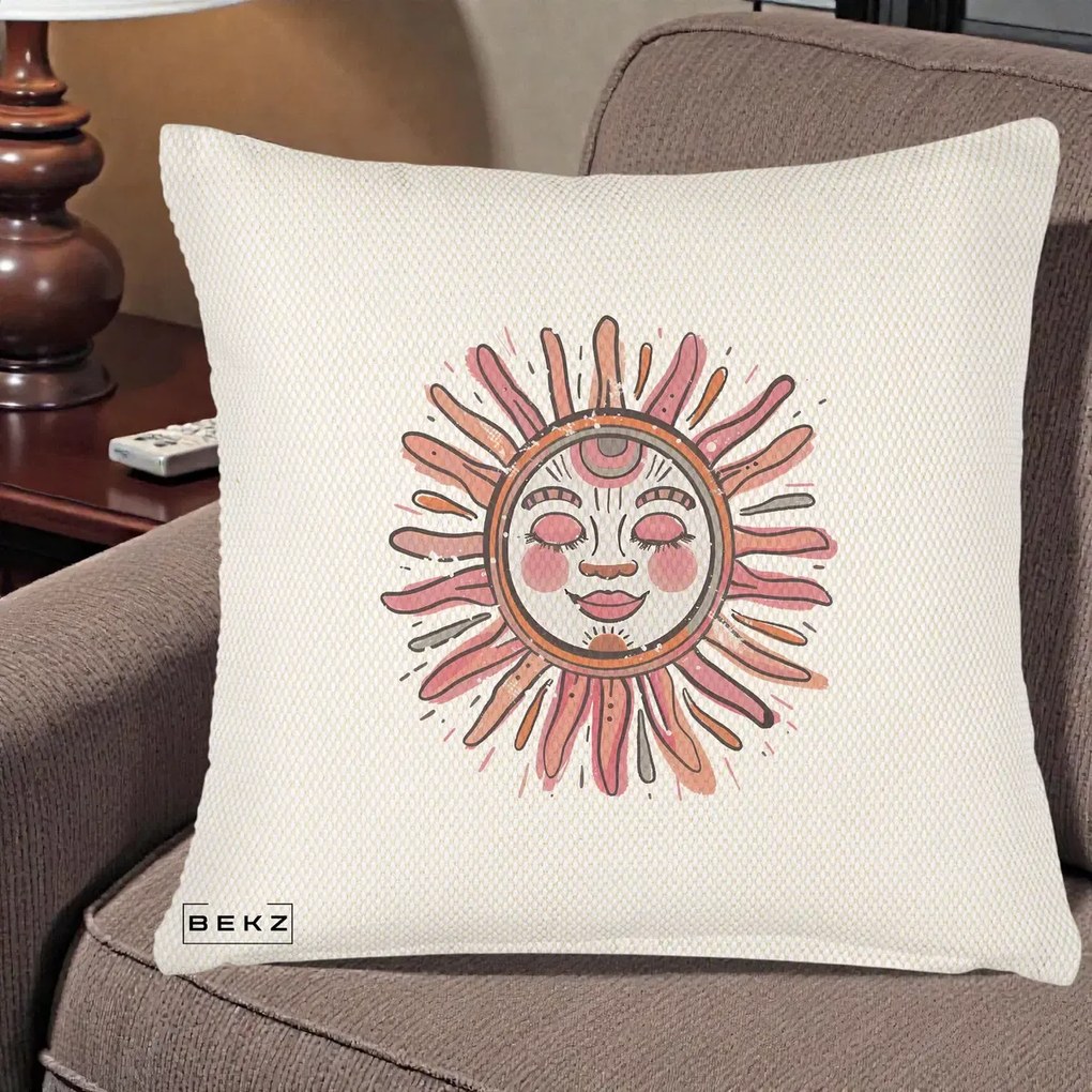 Perna Decorativa Soare Roz Tribal, 40x40 cm, Crem Reliefat, Husa Detasabila, Perna Inclusa, BEKZ®