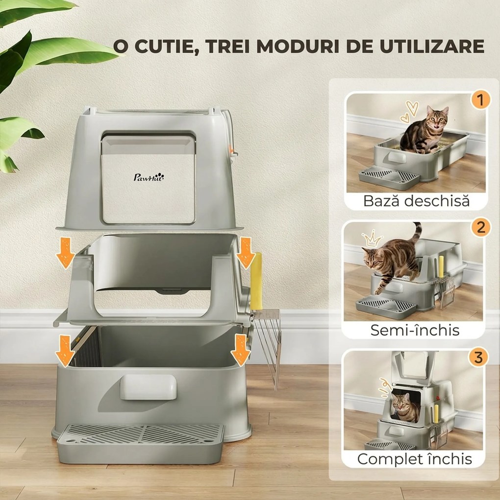 PawHut Litieră închisă pentru pisici de 80L cu tavă detașabilă, din ABS și oțel inoxidabil, 63x43x43 cm, gri deschis | Aosom Romania
