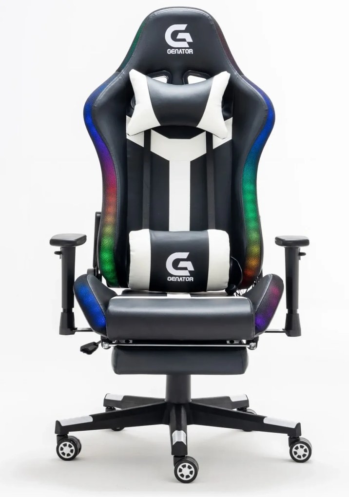 Scaun gaming, Masaj in 7 puncte, sistem iluminare bandă LED RGB, boxe Bluetooth, masaj în perna lombară, sezut benzi elastice sustinere, funcție șezlong, 90-180 grade, suport picioare, Negru/Alb
