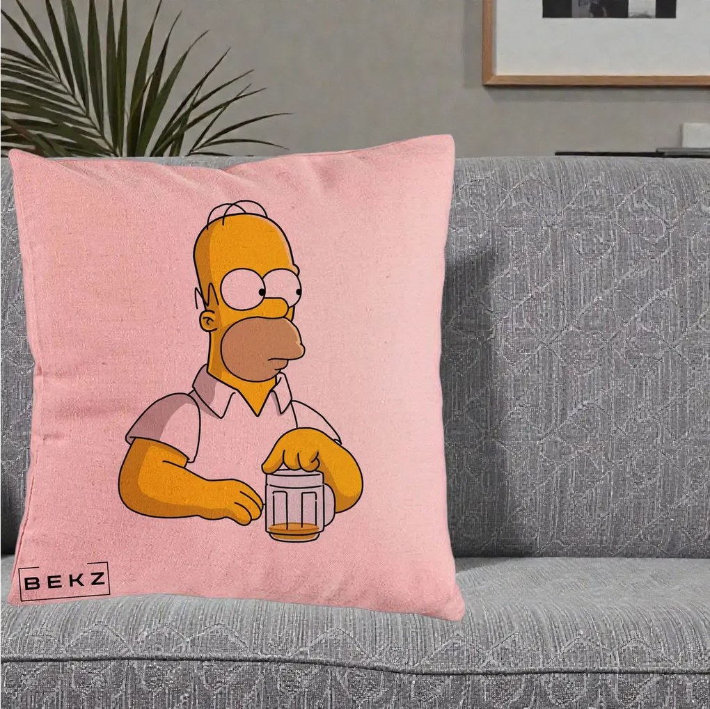 Perna Personalizata Homer Simpson cu Bere, 40x40 cm, Roz, Husa Detasabila, Perna Inclusa, BEKZ®