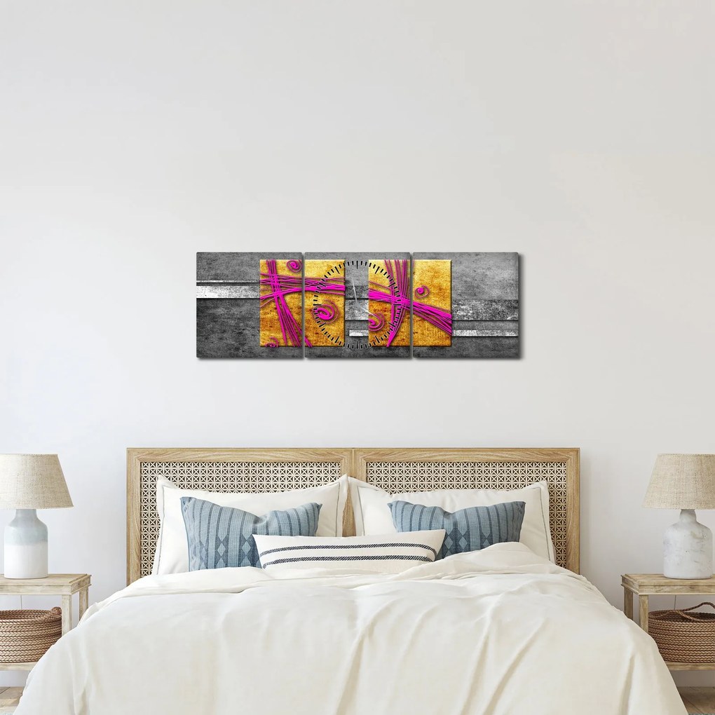 Tablou - Pătratr colorate pe fond negru (cu ceas) (90x30 cm)