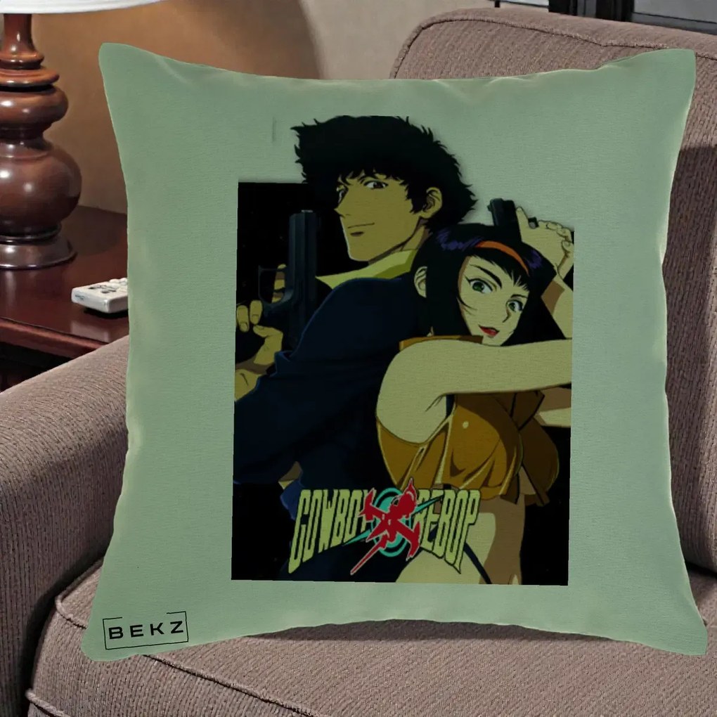 Perna Personalizata Cowboy Bebop Spike si Faye Poster, 40x40 cm, Verde, Husa Detasabila, Perna Inclusa, BEKZ®