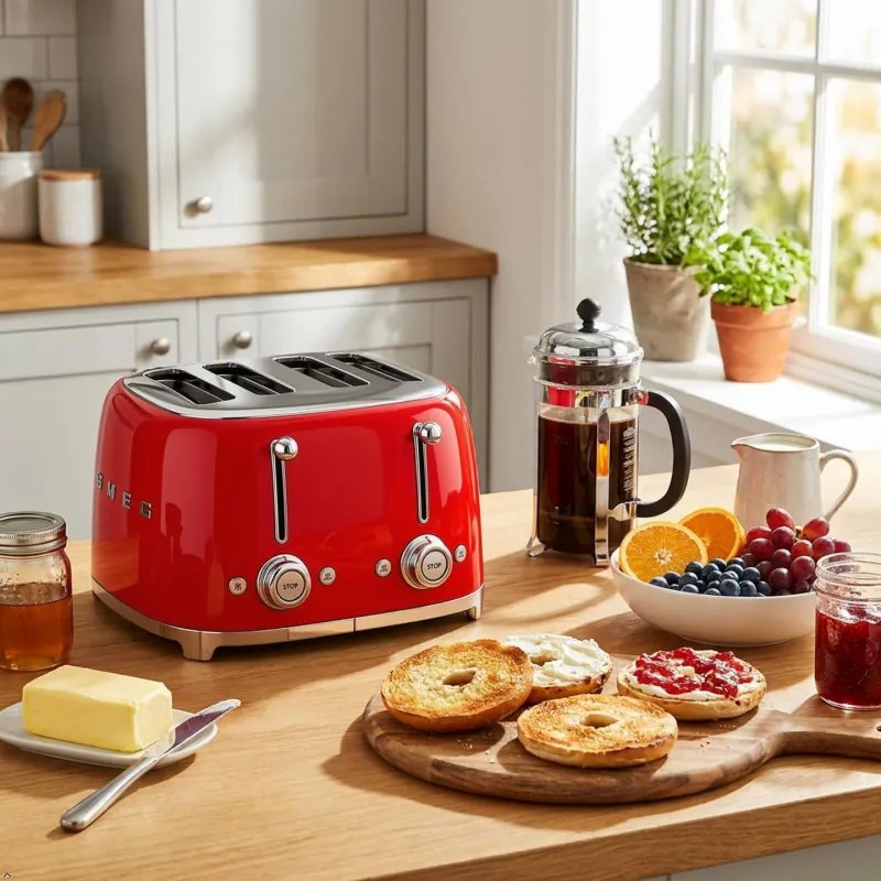 Prajitor de paine SMEG 50's Style TSF03RDEU, 2000 W, 4 felii, 6 niveluri, Tava firimituri, Cablu integrat, Oțel inoxidabil, Roșu