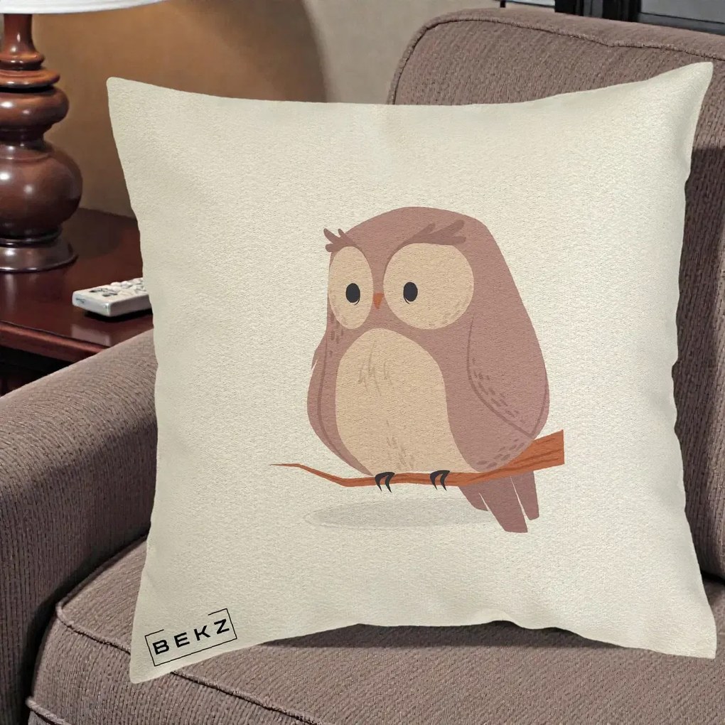 Perna Decorativa Bufnita Kawaii pe Creanga, 40x40 cm, Ecru, Husa Detasabila, Perna Inclusa, BEKZ®