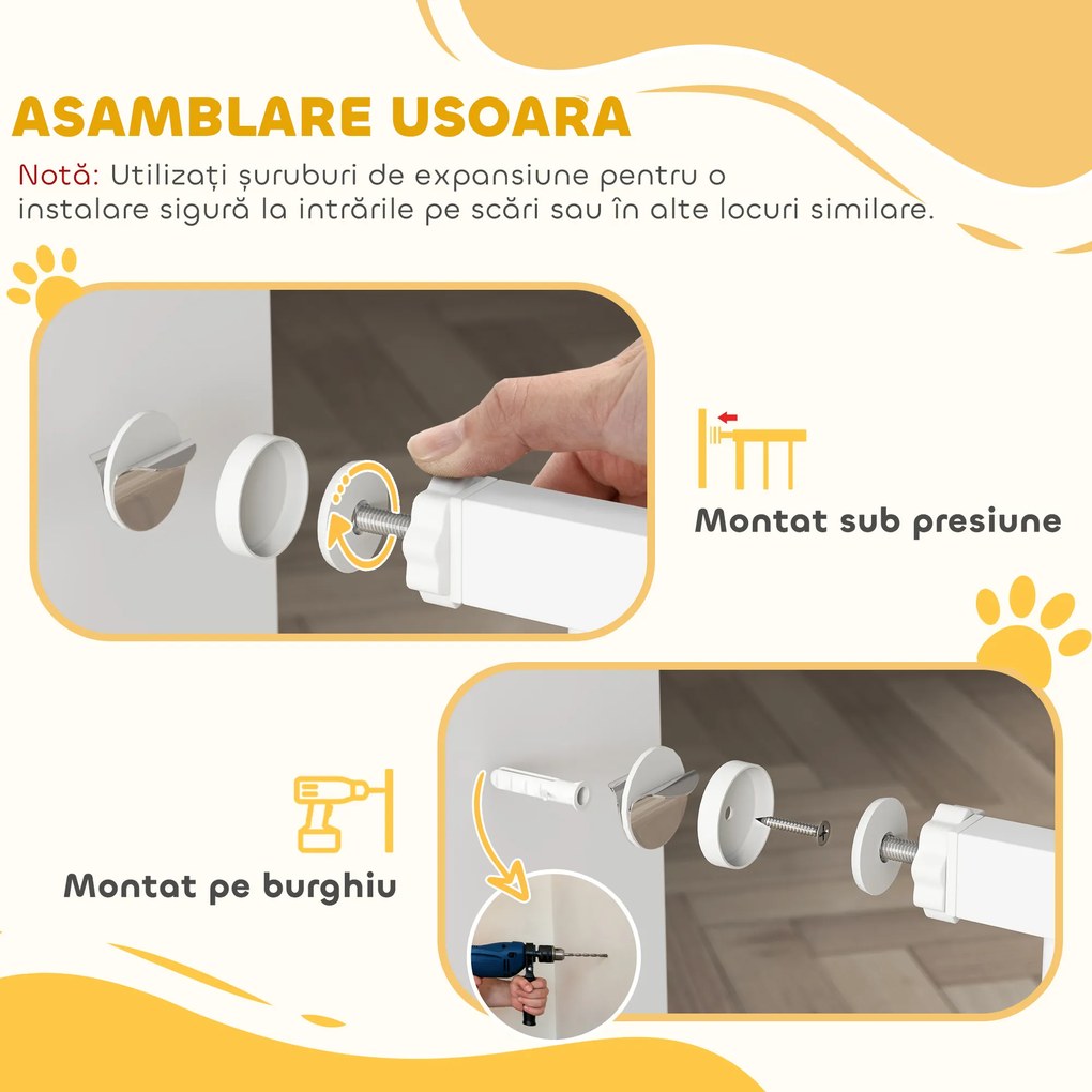 PawHut Barieră de Siguranță Interioară pentru Câini cu 2 Extensii și Ușă pentru Pisici, 76-104x77 cm, Alb | Aosom Romania