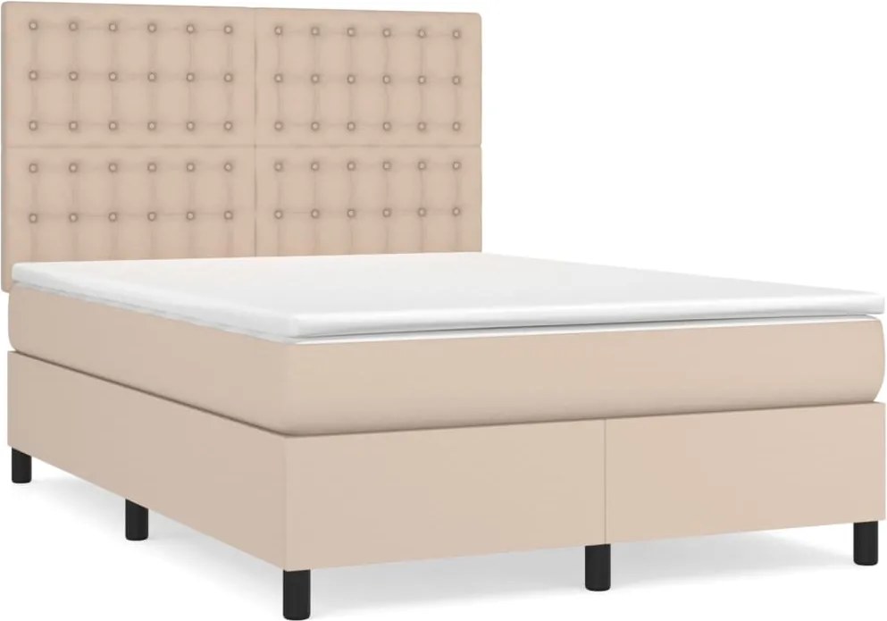 vidaXL Pat box spring cu saltea, cappuccino, 140x190cm piele ecologică