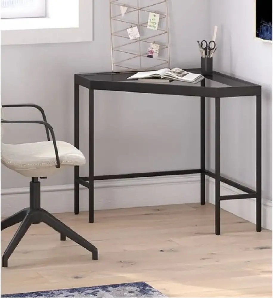 Masa birou colt Corner,sticla,Homs, 100 x 75 x 75 cm, negru