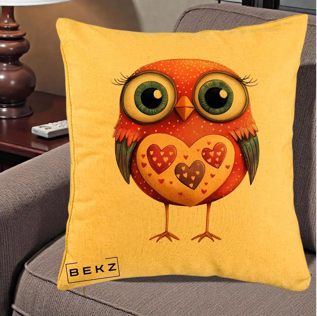 Perna Decorativa Bufnita Rosie cu Inimi Aurii, 40x40 cm, Galben, Husa Detasabila, Perna Inclusa, BEKZ®
