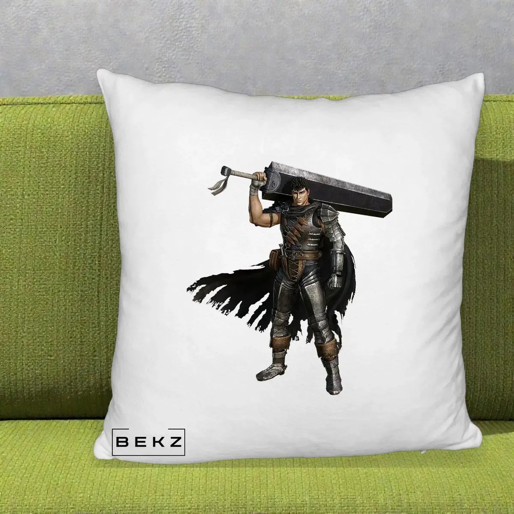 Perna Personalizata Berserk Guts Luptatorul Negru, 40x40 cm, Alb Pufos, Husa Detasabila, Perna Inclusa, BEKZ®