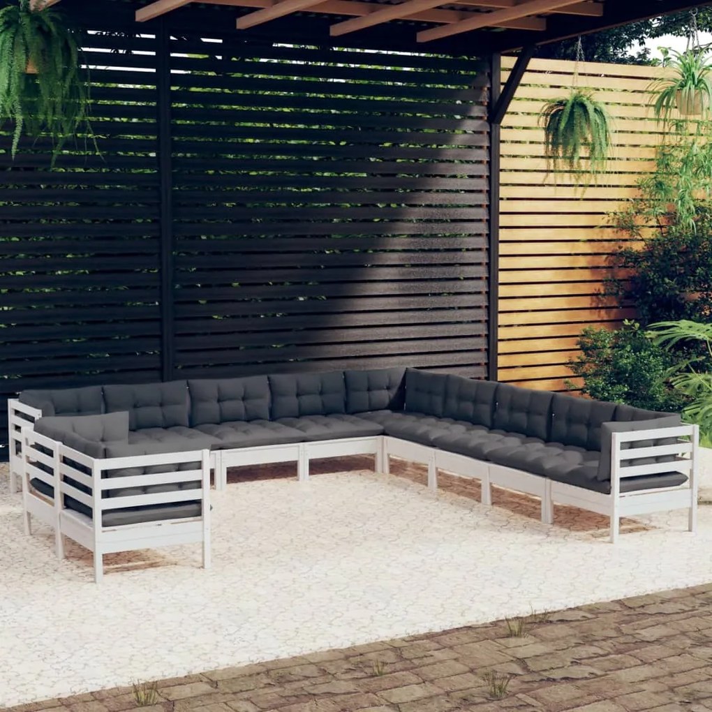 vidaXL Set mobilier grădină cu perne, 11 piese, alb, lemn masiv de pin