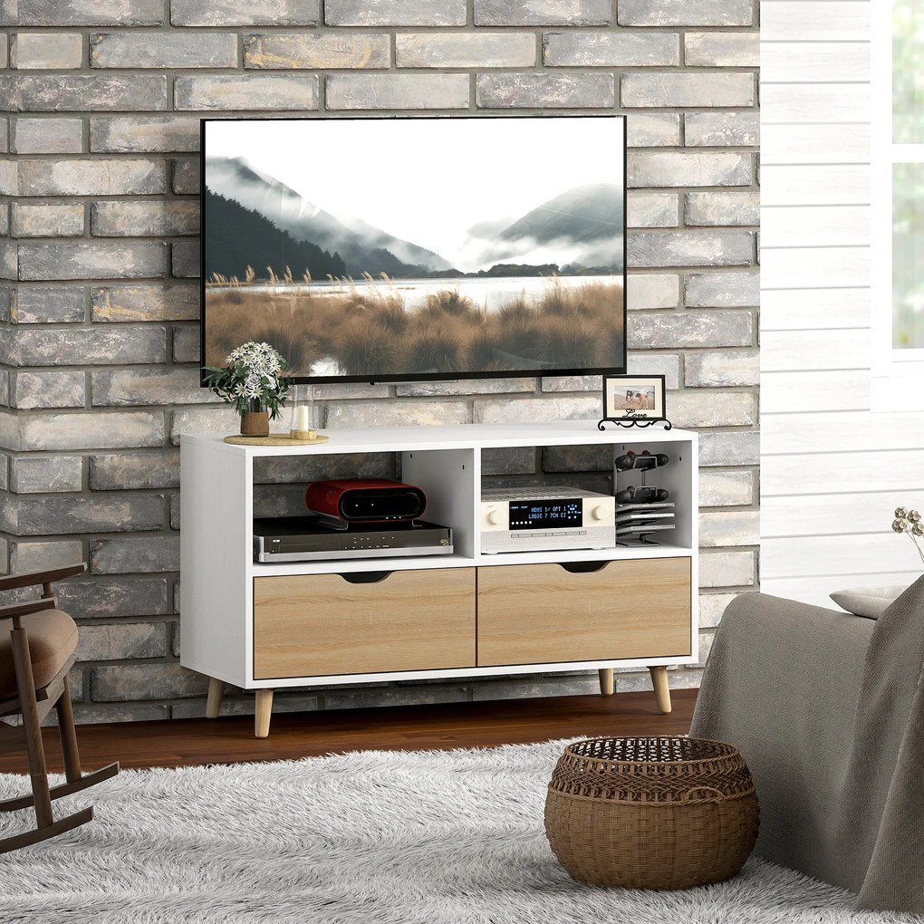 HOMCOM TV-bench, TV-kommod cu sertare, rafturi deschise, lemn, 99 x 39 x 58 cm, Alb | Aosom Romania