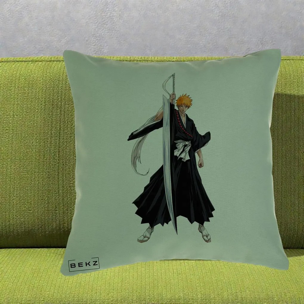 Perna Personalizata Bleach Ichigo Kurosaki Zangetsu, 40x40 cm, Verde, Husa Detasabila, Perna Inclusa, BEKZ®
