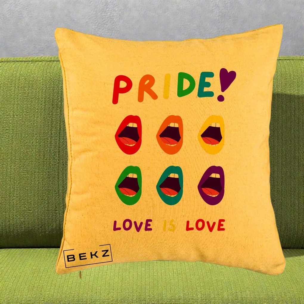 Perna Personalizata Pride Love is Love Curcubeu, 40x40 cm, Galben, Husa Detasabila, Perna Inclusa, BEKZ®
