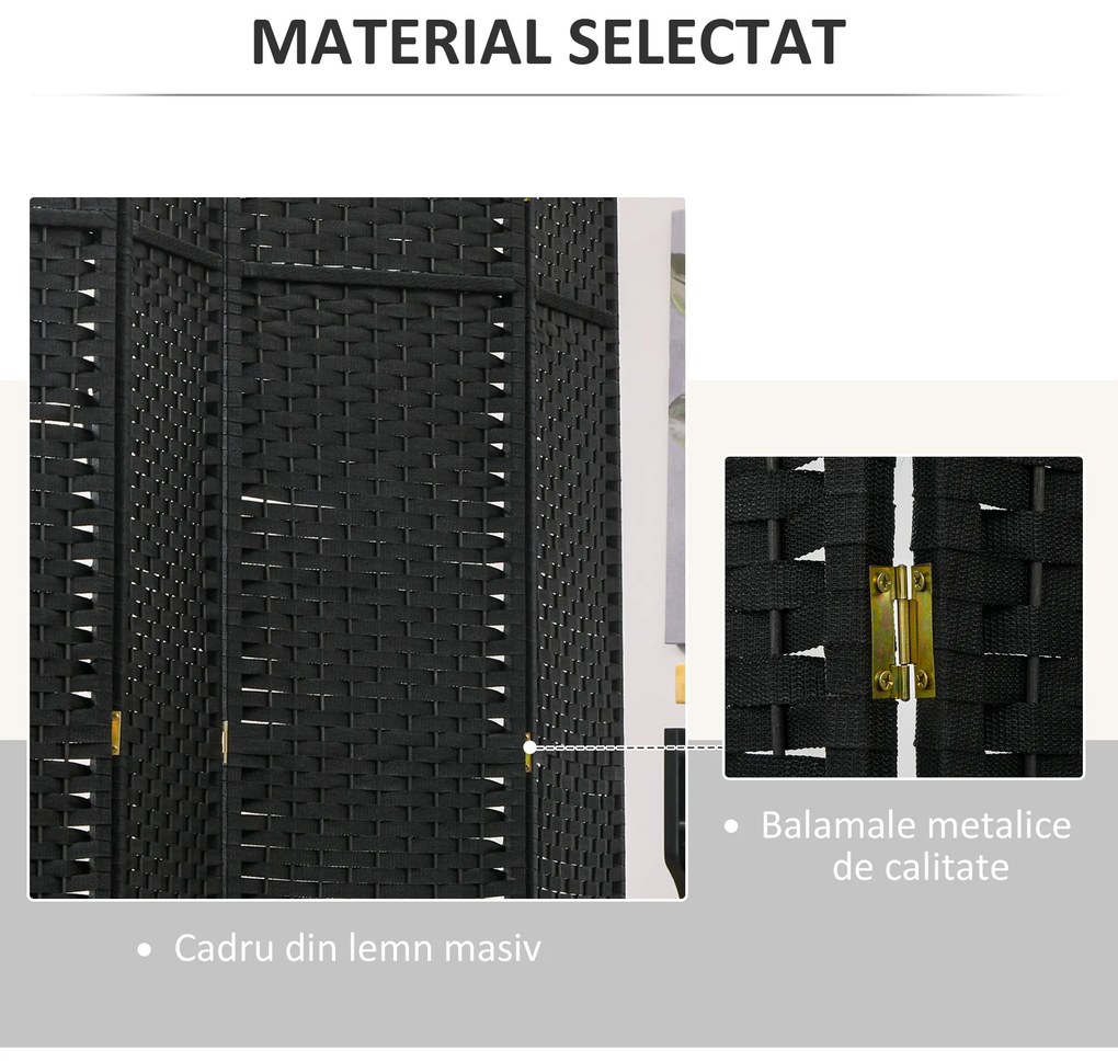 HOMCOM Paravan Despărțitor Interior Pliabil cu 6 Panouri Întrețesute, 240x170 cm, Negru | Aosom Romania