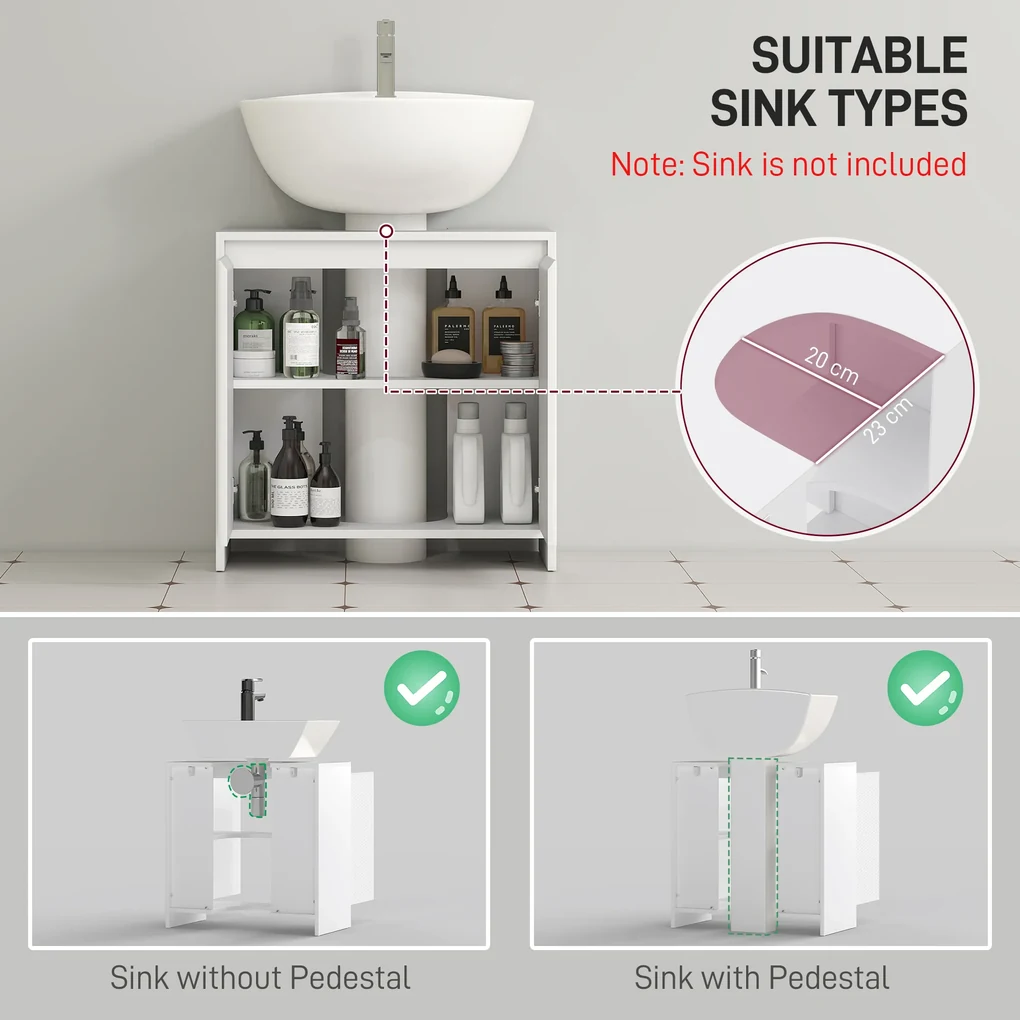 HOMCOM Mobilier Sub Chiuvetă pentru Baie cu 2 Uși, Dulap de Baie cu Decupaj în U pentru Țevi, 60x30x60 cm, Alb | Aosom Romania