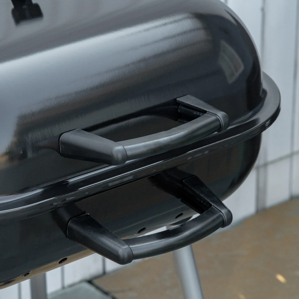 Outsunny Barbecue cu cărbune BBQ cu 2 roți, ustensile, capac și raft dim. 56L x 62l x 82H cm, metal emailat negru | Aosom Romania