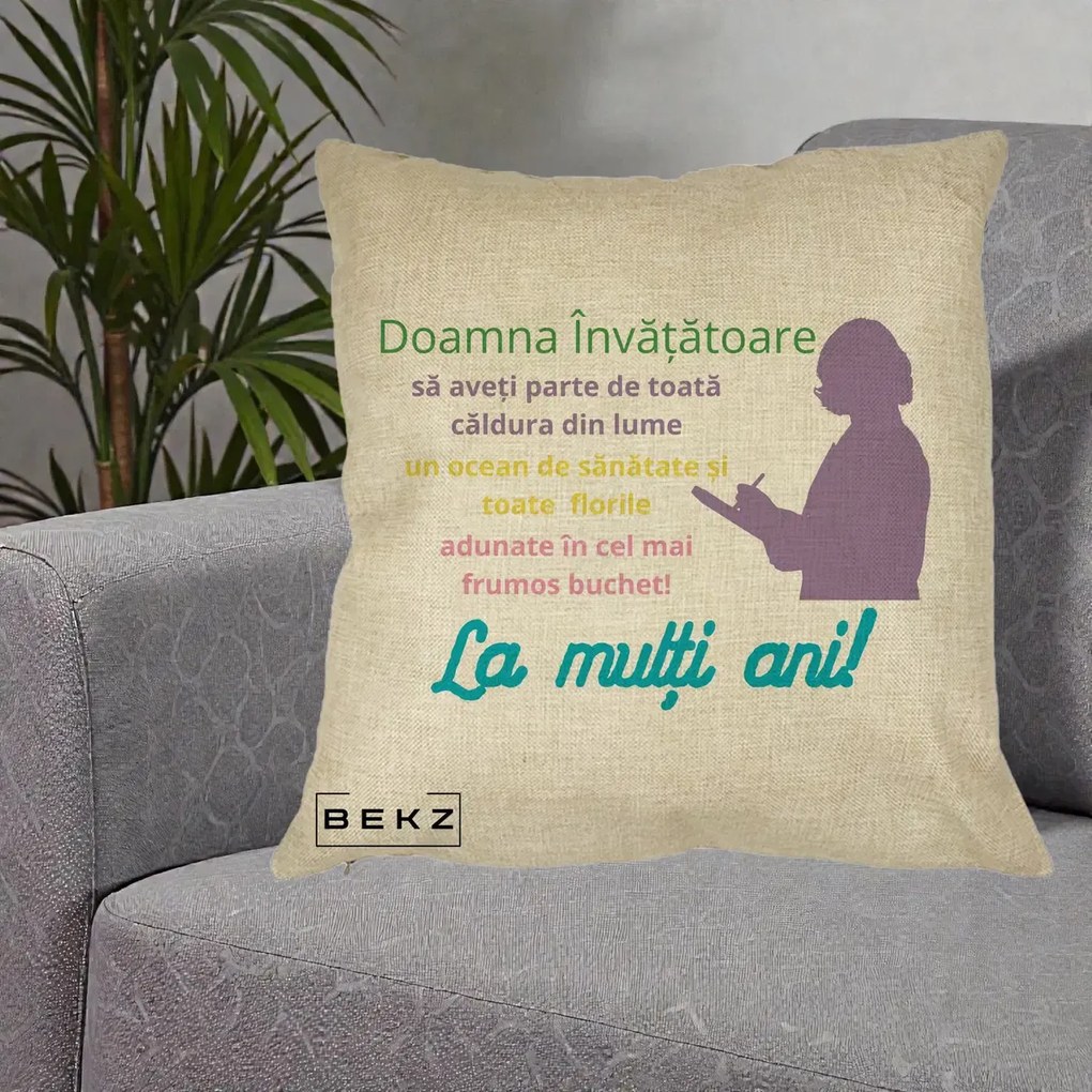 Cadou pentru Invatatoare - Perna Personalizata Doamna Invatatore La Multi Ani cu Silueta si Text Colorat, 40x40 cm, Crem, Husa Detasabila, Perna Inclusa, BEKZ®